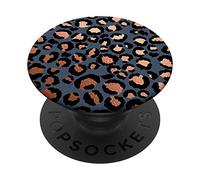 Rose Saumon Noir Motif Léopard Bleu-Gris PopSockets Support et Grip pour Smartphones et Tablettes