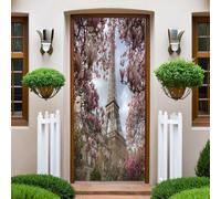 Rose Sticker de Porte 95x215cm Magnolia et Tour Eiffel Poster Porte Trompe L'oeil Auto-Adhésif PVC Papier Peint Imperméable Amovible DIY Murales Chambre Salon Cuisine Decor