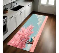 Rose Tapis de Cuisine Cabane dans Un Champ de cerisiers en Fleurs Antidérapant 50 x 80 cm Devant Évier Anti-Salissures Lavable Cuisine Buanderie Entrée Couloir