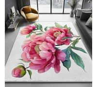 Rose Tapis Salon, 60 x 110 cm Chambre Lavable en Machine Tapis Grande Taille Illustration de Pivoine Florale à l'aquarelle Doux Antidérapant pour Salle à Manger Cuisine, Chambre à Coucher