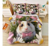 Rose Tendre Vert Herbe Housse de Couette 220 x 240 cm, Buisson Marguerites Animal Hamster Parure de Lit, Photographie Microfibre Housse de Couette, 3 Pièces avec Taie d'oreiller