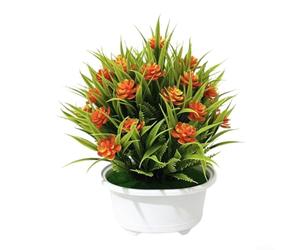 Rose thé artificielle compacte en pot, 17 cm de large avec 31 fleurs pour décoration d'intérieur et d'extérieur, fleurs artificielles réalistes pour pendaison de crémaillère (orange-jaune)