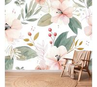 Rose Vert Papier Peint Photo Panoramique, Fleurs Feuille Baie Mur Déco | Aquarelle Luxe Léger Amovible Papier Peint Intissé pour Salon Chambre Chambre D'Enfants, 200 x 140 cm Photo Murale Décoration