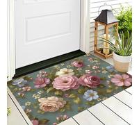 Rose Vert Roses Et Feuilles Vertes Paillasson Entrée Intérieur 40X60Cm,Roman Classique Tapis Lavable en Machine Antidérapant Rugs Moquette Poil Ras Doux pour Chien,Cuisine,Porte Et Couloir