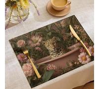 Rose Vert Set de Table Illustrations d'animaux Fleur de la Jungle Tigre 8 Pièces Tapis de Table Tissu Rayé 45 x 30cm Lavable Rayée Placemats Rectangulaire Réutilisable en Coton et Lin