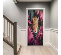 Rose Vert Sticker Porte effet 3D, Animaux Tigres Feuilles Auto Adhésif Amovible Imperméable PVC Autocollants De Porte Muraux - Décoration pour Salon Chambre Salle de Bain, 77 x 200 cm