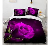 Rose Violette Housse de Couette 160x200 Parures de Lit 1 Personne Imprimé 3D Microfibre Douce Belles Fleurs Housses Couette avec 2 Taies d'oreiller et Fermeture Éclair i.5421