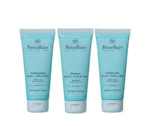 ROSEBAIE | Trio Découverte Ricin et Kératine | Pousse et Hydratation | Shampoing 100ml | Masque Après Shampoing 100ml | Gel Douche Vanille | Sans Sulfates | Compatible Voyage