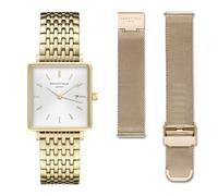 Rosefield Femme Montre The Boxy: Or 26 * 28mm Boîtier Carré avec Cadran Blanc et 2 Bracelets Or: Acier et Maille milanaise - QWGTG-X223