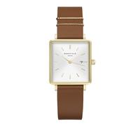 Rosefield Femme Montre The Boxy: Or 26 * 28mm Boîtier Carré avec Cadran Blanc et Bracelet Cuir Cognac -QSCG-Q029