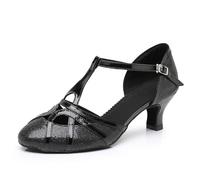 Rosefinch Chaussures de Danse Latine à Bride en T-pour Femme Bout Fermé Mode Salsa Tango Cha-Cha Chaussures de Danse pour Mariage et Soirée -Noir 5cm Talon 40 EU