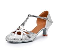 Rosefinch Chaussures de Danse Latine à Bride en T-pour Femme Bout Fermé Mode Salsa Tango Cha-Cha Chaussures de Danse pour Mariage et Soirée -Argenté 5cm Talon 39 EU