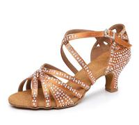 Rosefinch Chaussures de Danse Latine avec Strass Fond Souple Moderne pour la Pole Dance de Salle de Bal,la Danse de Mariage Chaussures Latines pour Filles et Femmes,Marron 5cm Talon 35 EU