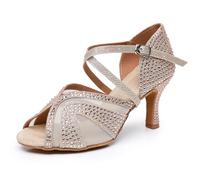 Rosefinch Chaussures de Danse Latine pour Femmes Salle de Danse Salsa Performance Strass Chaussures de Danse Mariage Party Or 7cm Talon 38EU