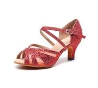 Rosefinch Chaussures de Danse Latine pour Femmes Salle de Danse Salsa Performance Strass Chaussures de Danse Mariage Party Rouge 5cm Talon 38EU