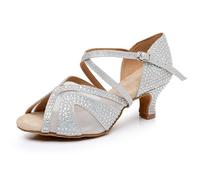 Rosefinch Chaussures de Danse Latine pour Femmes Salle de Danse Salsa Performance Strass Chaussures de Danse Mariage Party Argent 5cm Talon 35EU