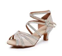 Rosefinch Chaussures de Danse Latine Strass Salsa Chaussures de Danse pour Femmes/Filles, Semelles Souples Doré 5cm Talon 37 EU