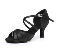 Rosefinch Latin Danse Chaussures pour Femmes Semelle Souple Strass Boucle Salsa Tango Ballroom Chaussures De Pratique De Danse Professionnelle Talon 7cm, Noir 43EU
