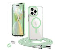 ROSEHUI Chaîne de téléphone Portable pour iPhone 14 Pro avec Sangle, avec 2 Films de Protection en Verre, Compatible avec MagSafe, Coque Transparente, Amovible pour Cordon de Suspension,Vert