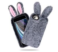 ROSEHUI Coque pour iPhone 8 Plus Peluche Souple Coque iPhone 7 Plus en Fausse Fourrure avec Oreilles de Lapin Mignon Duveteux Étui de Protection Hiver Chaud pour iPhone 7 Plus/8 Plus(Gris)