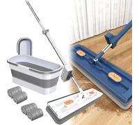 Roseionly Ensemble balai plat et seau - Balai à franges rotatif à 360 degrés avec 2/4/6 tampons en microfibre pour utilisation humide et sèche avec manche long réglable en acier inoxydable de 137,2 cm