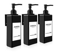 Roselee 3 Pièces Distributeur de Savon Mural, Distributeur Savon Douche Noir, 500ml Flacon Pompe Vide No Perçage avec Étiquettes pour Cuisine et Salle de Bain