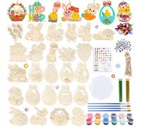 Roselee Lot de 202 pendentifs en bois de Pâques à peindre, décoration de Pâques, bricolage, pour enfants, kit de bricolage, œufs de Pâques, lapin, poulet, fleur, pendentif avec pinceau, palette et