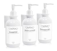 Roselee Lot de 3 distributeurs de Savon Mural - 300 ML - Blanc - Distributeur de Savon Mural sans perçage - Distributeur de Pompe en Plastique avec Entonnoir et étiquettes étanches - pour Cuisine,