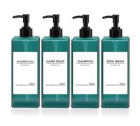 Roselee Lot de 4 distributeurs de Savon de Douche - 500 ML - en Plastique - avec Entonnoir et étiquettes étanches - pour Cuisine, Salle de Bain, Salle de Bain - Vert