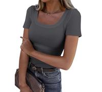 Roselux T-shirt d'été à manches courtes et col rond pour femme - Tricot côtelé - Coupe ajustée - Haut basique décontracté, charbon, Taille S