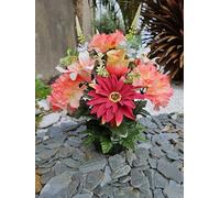 Roselynexpress - Composition de fleurs artificielles lestée ciment, pot en forme de charlotte, qualité supérieure, extérieur, vert, 27cm (H) x 41cm (Diam), rustic français