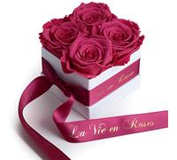 ROSEMARIE SCHULZ Heidelberg Roses éternelles boîte Blanche à Fleurs stabilisées avec 4 Roses Fuchsia durables et avec Ruban et écriture dorée La Vie en Roses (Boîte Blanche, Fuchsia)