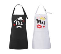 ROSEMO 2pcs Mr. & Mrs. Tabliers Cuisine Couple Étanches 70cm Tablier Réglable Blanc et Noir avec 2 Poches pour Amoureux Cadeau Mariage Saint-Valentin