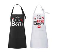ROSEMO 2pcs THE BOSS Tabliers Cuisine Couple Etanche 80cm Tablier Homme Femme Réglable Blanc et Noir avec 2 Poches pour Amoureux Cadeau Mariage Saint-Valentin