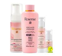 Rosense Kit de soin pour peaux sèches/sensibles : mousse nettoyante 150 ml avec panthénol, eau de rose/tonique pour le visage 300 ml, crème pour le visage à l'acide hyaluronique 50 ml, sérum pour les