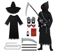 RoserRose Costume de faucheuse pour enfant - Avec chaîne de faux, gants, carnet de notes, lampe de tête de mort et lunettes lumineuses, costume d'Halloween pour enfant garçon - Ensemble de faucheuse