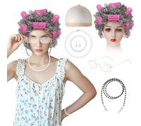 RoserRose Deguisement Grand Mere 7pcs, De Deguisement Grand Mere Avec Perruque Vieille Dame, Fers à Friser, Lunettes, ChaîNe à Lunettes, Bonnet Perruque, Bijoux En Perles, Pour Cosplay Carnaval