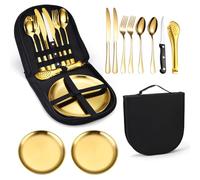 RoserRose Ensemble de vaisselle de camping pour 2 personnes, 10 pièces, portable et durable, en acier inoxydable, pour le camping et les pique-niques, idéal pour les activités de plein air (doré)