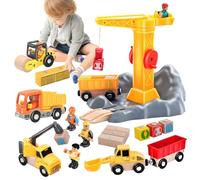 RoserRose Grue Enfant, Magnétique Voiture Chantier, Enfant Véhicule Chantier Jouet en Bois avec Excavateur, Grue, Rouleau Compresseur, Dépanneuse, Cadeaux pour Garçon de Plus de 3 Ans