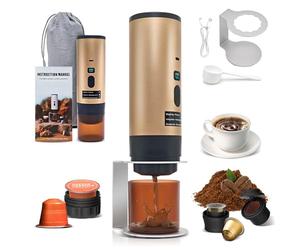 RoserRose Machine à Café Portable, Machine à Café de Voyage - Sans Fil & Auto-Chauffante - Avec Batterie 7800mAh, Fonction de Charging USB-C & Pressions 15 Bar - Compatible NS/DG (Or)