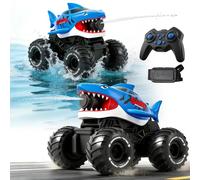 RoserRose Monster Truck Télécommandé Tiger Shark, Voiture Télécommandée Tout Terrain Anfibie avec Pistolet à Eau 10m, 20 km/h, 30m Portée, 3X 1200mAh Batteries, pour Enfants 6-12 Ans (Bleu)