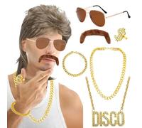 Roserrose Perruque Mulet Homme Année 80 - Kit Déguisement 7 Pièces Carnaval & Halloween | Costume Disco Années 70-80 avec Barbe et Bijoux Dorés | Perruque Coupe Mulet Homme pour Soirée à Thème