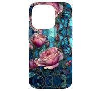 Roses Butterfly Stained Art Effect Stain Pink Blue Floral Coque pour iPhone 14 Pro
