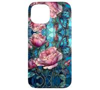Roses Butterfly Stained Art Effect Stain Pink Blue Floral Coque pour iPhone 15
