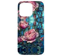 Roses Butterfly Stained Art Effect Stain Pink Blue Floral Coque pour iPhone 15 Pro Max