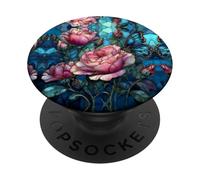 Roses Butterfly Stained Art Effect Stain Pink Blue Floral PopSockets PopGrip Adhésif