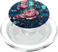 Roses Butterfly Stained Art Effect Stain Pink Blue Floral PopSockets PopGrip pour MagSafe