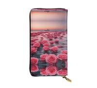 Roses by the Sea Print Portefeuille long en cuir - Portefeuille personnalisé à la mode, plusieurs emplacements pour cartes et compartiment à monnaie, noir, taille unique, noir, taille unique, Noir ,