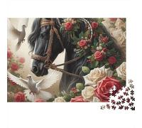 Roses Cheval Noir 1000 Pièces Puzzle pour Adultes Carton Résistant Anti-Stress Difficile pour Experts pour Collectionner Livraison Rapide 70x50cm/1000pcs