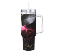Roses noires gothiques imprimées,Gobelet isotherme Ice Bully de 40 oz avec poignée, couvercle et paille, en acier inoxydable, pour voiture ou café.